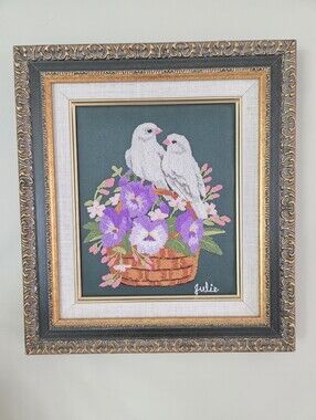 Vintage Framed Needle Point Birds In Basket